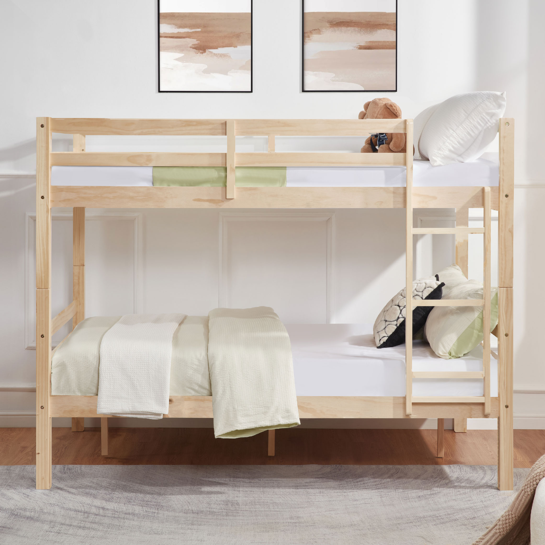 Full over Full Bunk Bed with Thick Posts,Wooden Bunk Bed with High Guardrail and Ladder for Kids, Teens, Dorm Rooms, and Guest Rooms,No Box Spring Needed, Natural